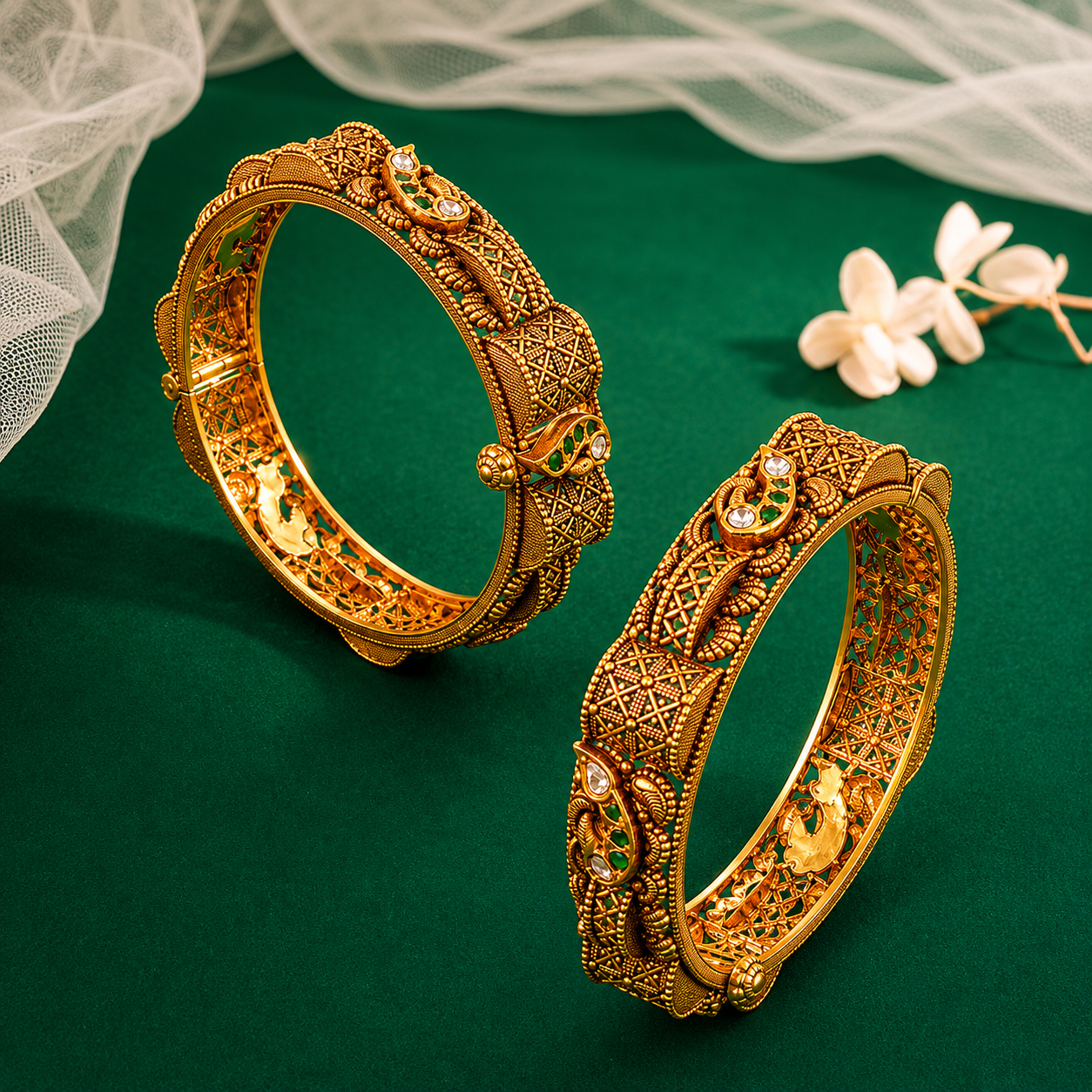 22Kt Gold Temple Nakas Antique Bangles with Polki Stones
