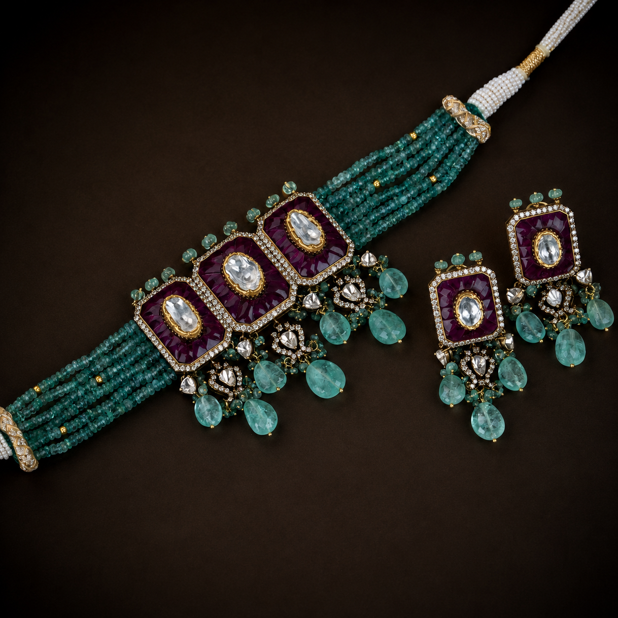 18KT Gold Jadau Uncut Diamond Choker Set with Aqua Beads