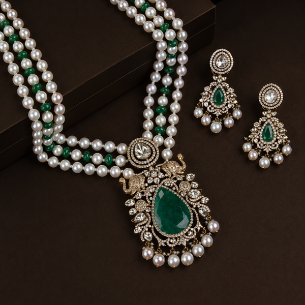 18KT Jadau Uncut Diamond Emerald Pearl Necklace Set for Women