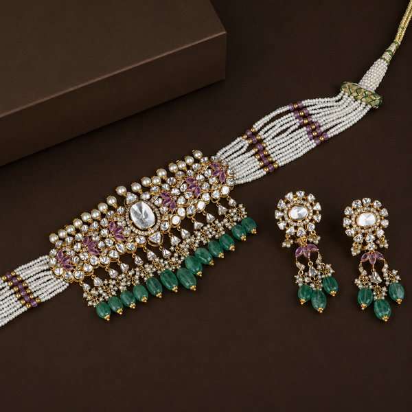 Jadau Uncut Diamond 18KT Pearl Choker Necklace Set for Women