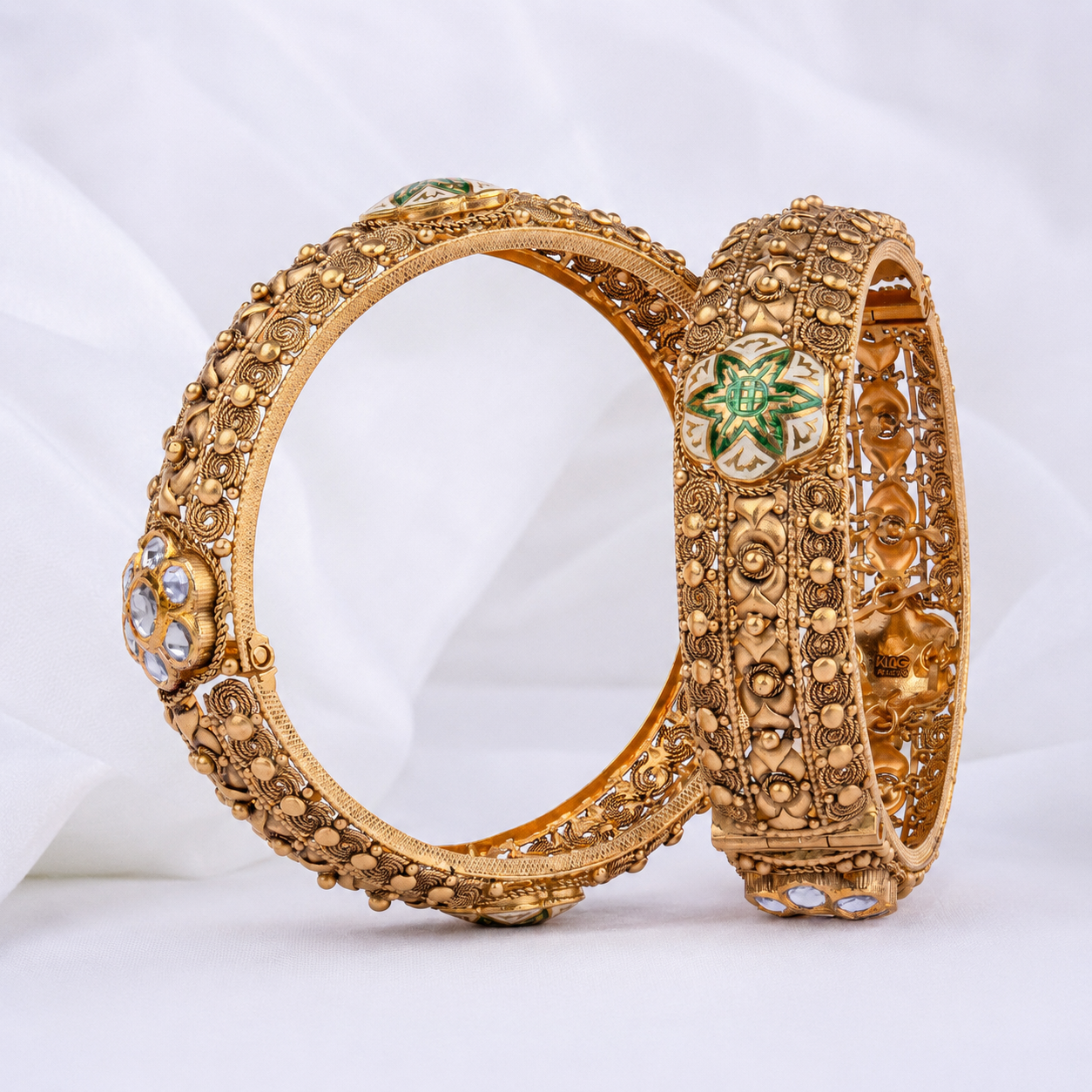 22KT Gold Semi Kundan Antique Bangle Set with Meenakari Work