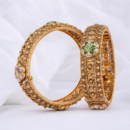 22KT Gold Semi Kundan Antique Bangle Set with Meenakari Work
