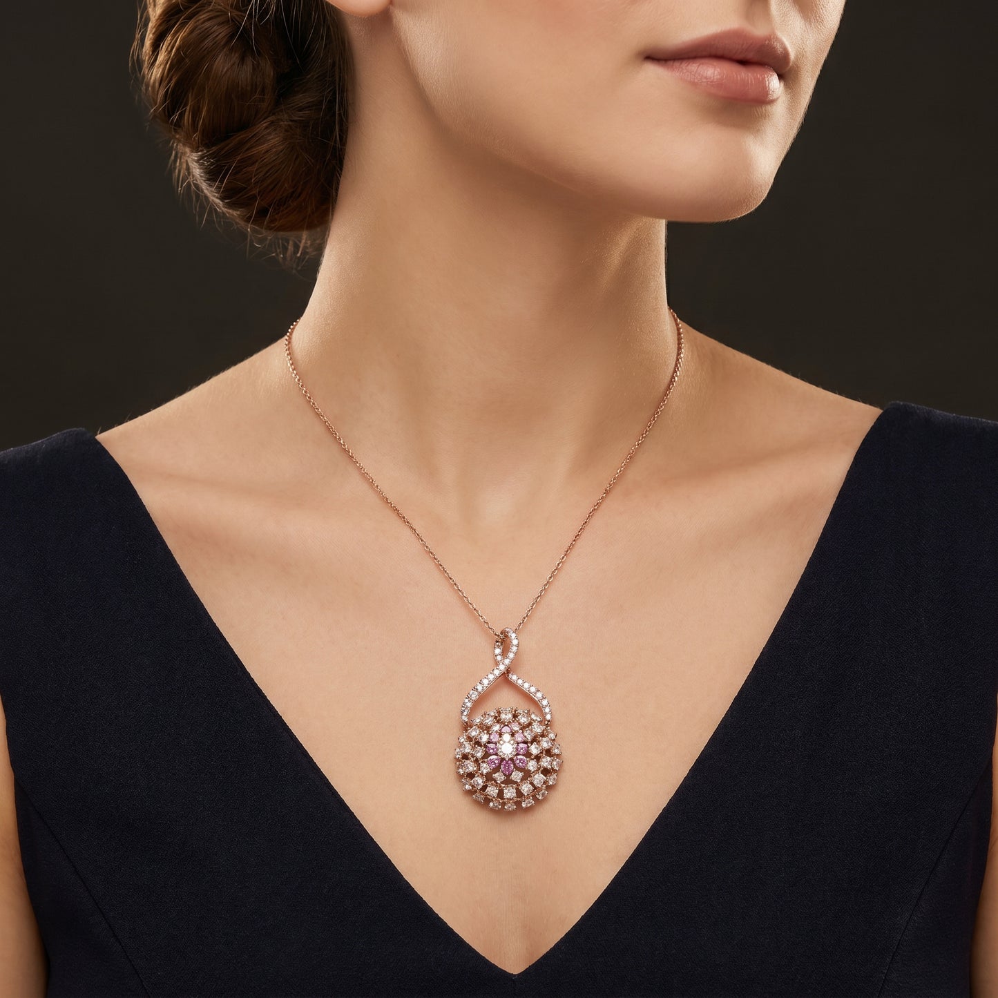 18KT Gold Diamond Ball Pendant with Chain for Women