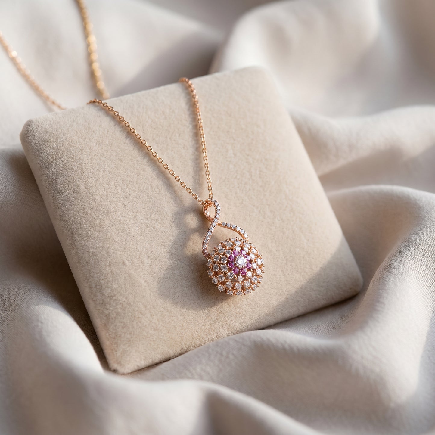 18KT Gold Diamond Ball Pendant with Chain for Women