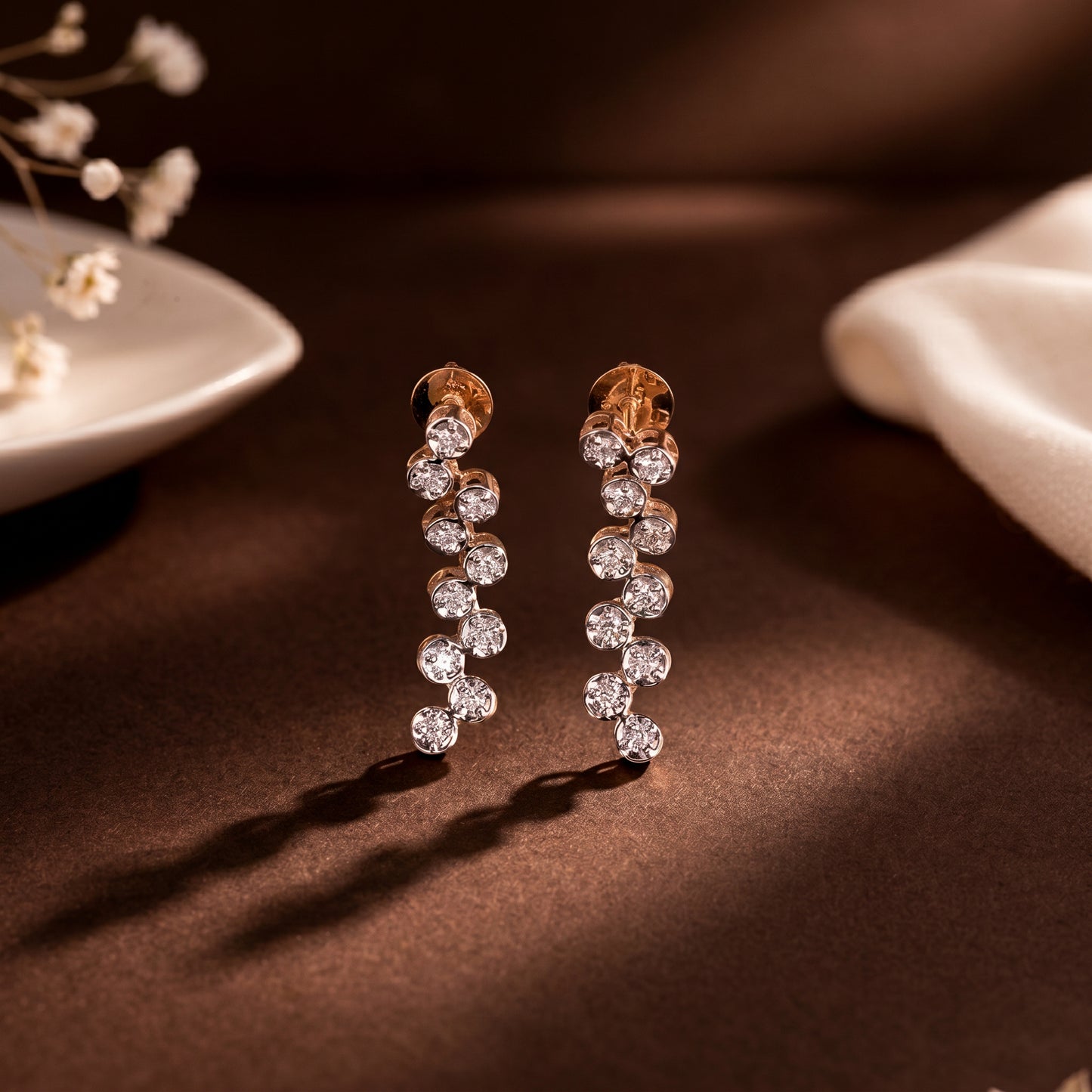 18KT Gold Diamond Cluster Drop Earrings For Women